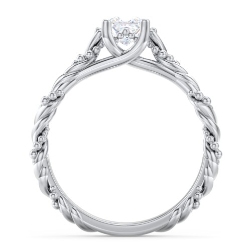 Vintage Solitaire Engagement Ring with Beaded Twisted Rope Band – 14K White Gold