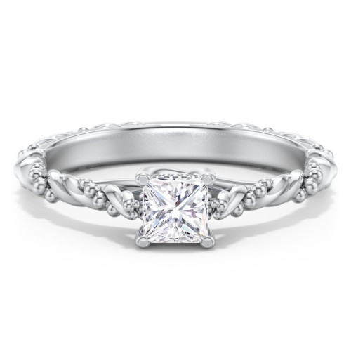 Vintage Solitaire Engagement Ring with Beaded Twisted Rope Band – 14K White Gold