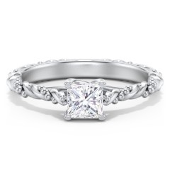 Vintage Solitaire Engagement Ring with Beaded Twisted Rope Band – 14K White Gold