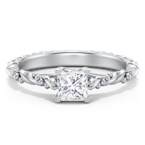 Vintage Solitaire Engagement Ring with Beaded Twisted Rope Band – 14K White Gold