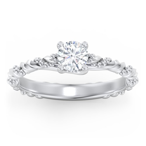 Vintage Solitaire Engagement Ring with Beaded Twisted Rope Band – 14K White Gold