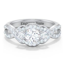Halo 3-Stone Diamond Engagement Ring with Accented Twisted Band