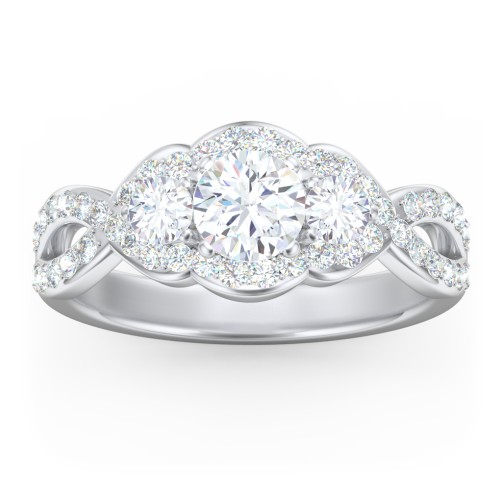 Halo 3-Stone Diamond Engagement Ring with Accented Twisted Band – 14K White Gold with Lab Diamond