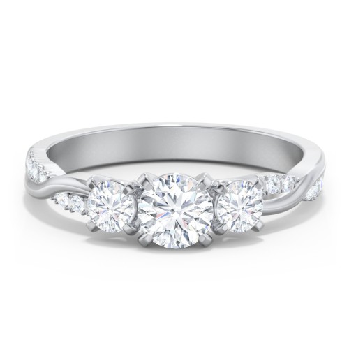 3-Stone Diamond Engagement Ring with Twisted Band and Accents – 14K White Gold with Lab Diamond