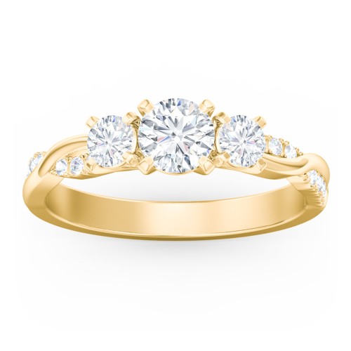 3-Stone Diamond Engagement Ring with Twisted Band and Accents – 10K Yellow Gold with Lab Diamond