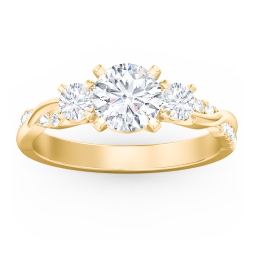 3-Stone Diamond Engagement Ring with Twisted Band and Accents – 10K Yellow Gold with Lab Diamond