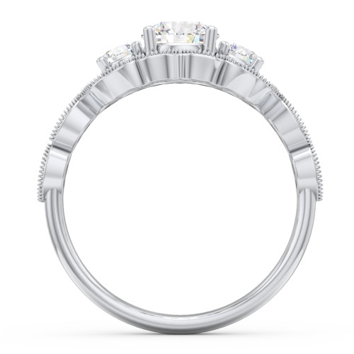Vintage 3 Stone Engagement Ring with Accents – 14K White Gold with Diamond
