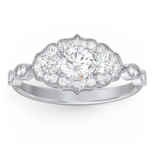 Vintage 3 Stone Engagement Ring with Accents – 14K White Gold with Diamond