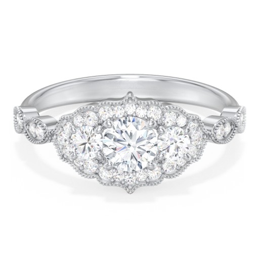 Vintage 3 Stone Engagement Ring with Accents – 14K White Gold with Diamond