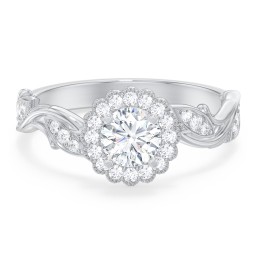 Leaf & Vine Halo Solitaire Engagement Ring
