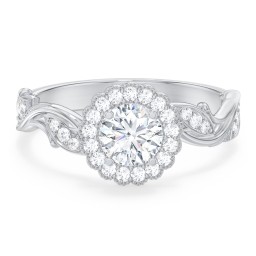 Leaf & Vine Halo Solitaire Engagement Ring