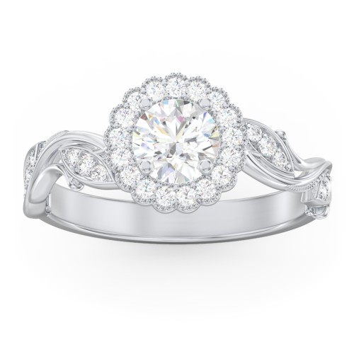 Leaf & Vine Halo Solitaire Engagement Ring – 14K White Gold with Diamond