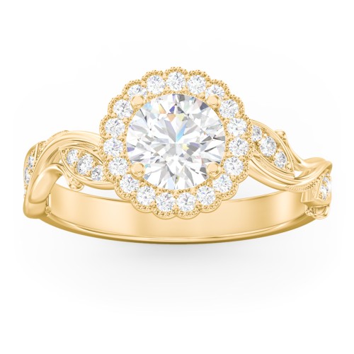 Leaf & Vine Halo Solitaire Engagement Ring