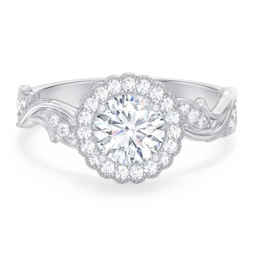 Leaf & Vine Halo Solitaire Engagement Ring – 14K White Gold with Diamond