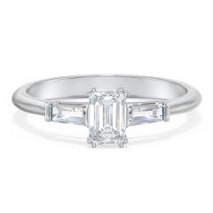3 Stone Engagement Ring with Tapered Baguettes – 14K White Gold with Diamond