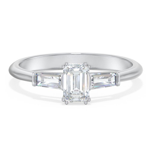 3 Stone Engagement Ring with Tapered Baguettes – 14K White Gold with Diamond