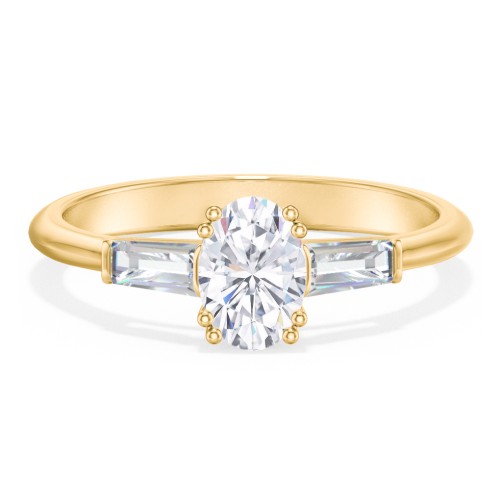 3 Stone Engagement Ring with Tapered Baguettes – 10K Yellow Gold with Diamond