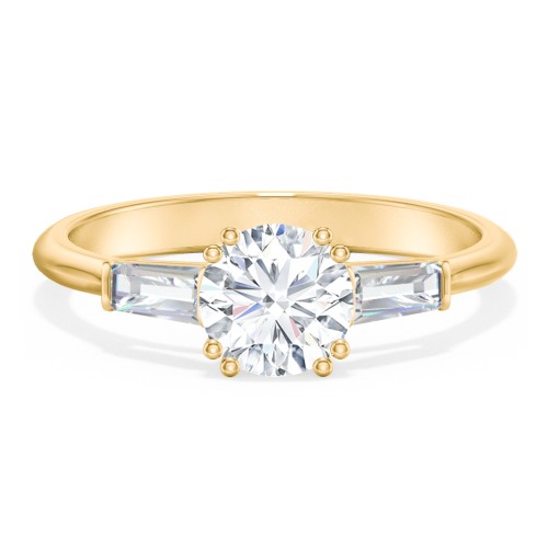 3 Stone Engagement Ring with Tapered Baguettes – 10K Yellow Gold with Diamond