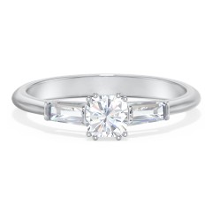 3 Stone Engagement Ring with Tapered Baguettes – 14K White Gold with Diamond