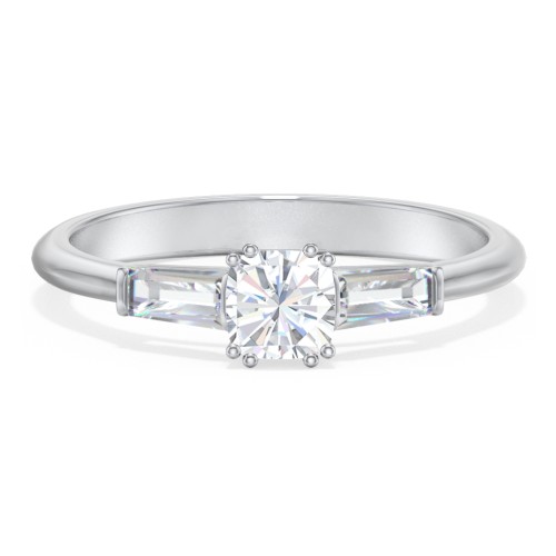 3 Stone Engagement Ring with Tapered Baguettes – 14K White Gold with Diamond