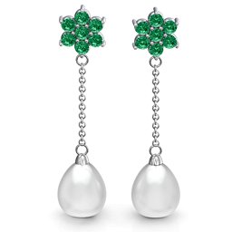Freshwater Pearl Drop Earrings with Floral Detail in 925 Sterling Silver with Emerald