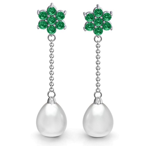 Freshwater Pearl Drop Earrings with Floral Detail – Sterling Silver with Emerald