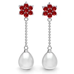Freshwater Pearl Drop Earrings with Floral Detail in 925 Sterling Silver with Garnet