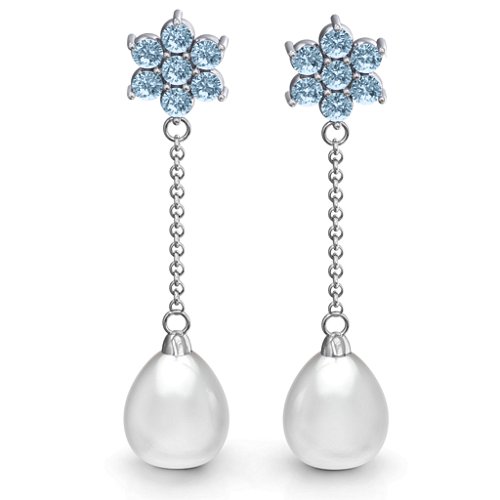 Freshwater Pearl Drop Earrings with Floral Detail – Sterling Silver with Aquamarine