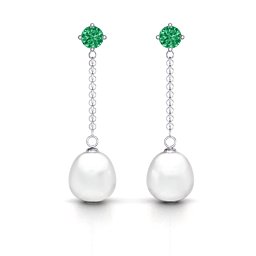 Elegant Solitaire Stud Freshwater Pearl Drop Earrings in 925 Sterling Silver with Emerald