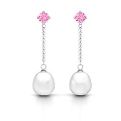 Elegant Solitaire Stud Freshwater Pearl Drop Earrings – Sterling Silver with Pink Tourmaline