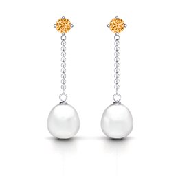 Elegant Solitaire Stud Freshwater Pearl Drop Earrings in 925 Sterling Silver with Citrine