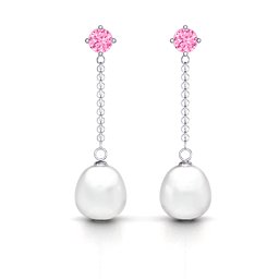Elegant Solitaire Stud Freshwater Pearl Drop Earrings in 925 Sterling Silver with Pink Tourmaline