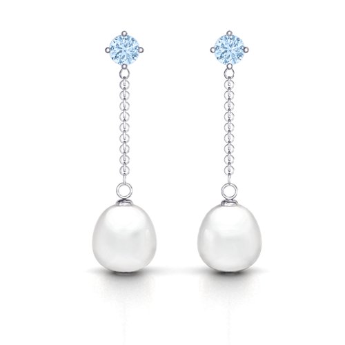 Elegant Solitaire Stud Freshwater Pearl Drop Earrings – Sterling Silver with Aquamarine