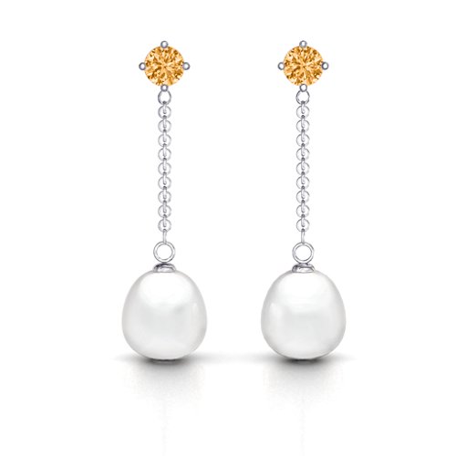 Elegant Solitaire Stud Freshwater Pearl Drop Earrings – Sterling Silver with Citrine