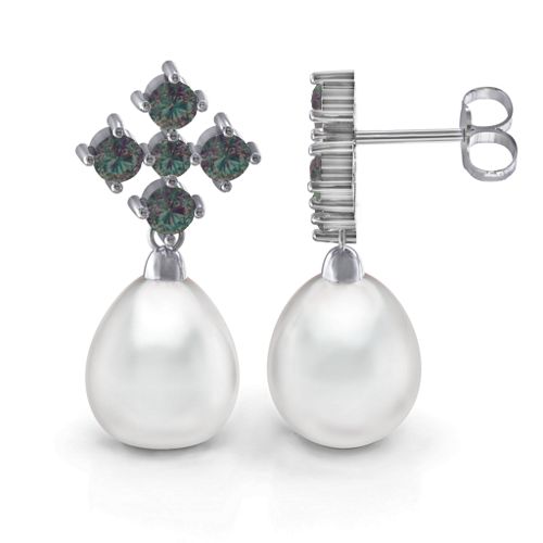Freshwater Pearl Drop Earrings with Accents – Sterling Silver with Alexandrite