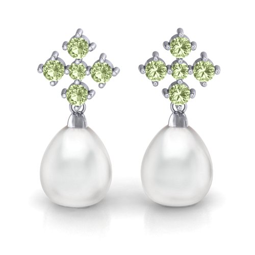 Freshwater Pearl Drop Earrings with Accents – Sterling Silver with Peridot