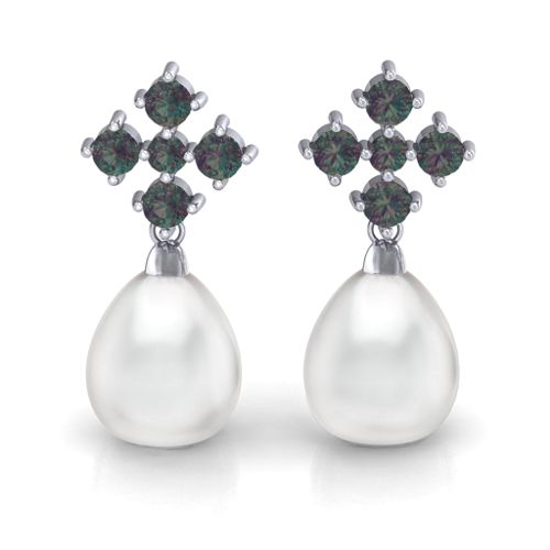 Freshwater Pearl Drop Earrings with Accents – Sterling Silver with Alexandrite