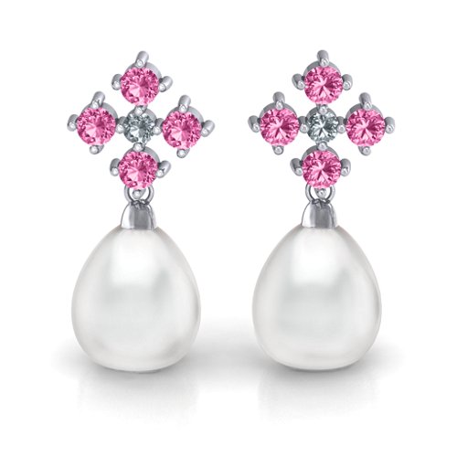 Freshwater Pearl Drop Earrings with Accents – Sterling Silver with Pink Tourmaline and Cubic Zirconia