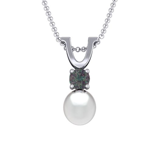 Round Solitaire with Freshwater Pearl Pendant Drop – Sterling Silver with Alexandrite