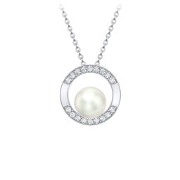 Sterling Silver Freshwater Pearl and Cubic Zirconia Circle Pendant