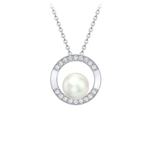 Sterling Silver Freshwater Pearl and Cubic Zirconia Circle Pendant