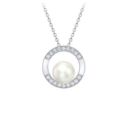 Sterling Silver Freshwater Pearl and Cubic Zirconia Circle Pendant in 925 Sterling Silver