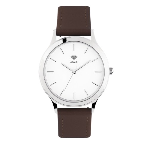 Men's Personalized Dress Watch - 36mm Downtown - Steel Case, White Dial, Brown Leather