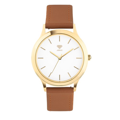 Men's Personalized Dress Watch - 36mm Uptown - Gold Case, White Dial, Tan Leather