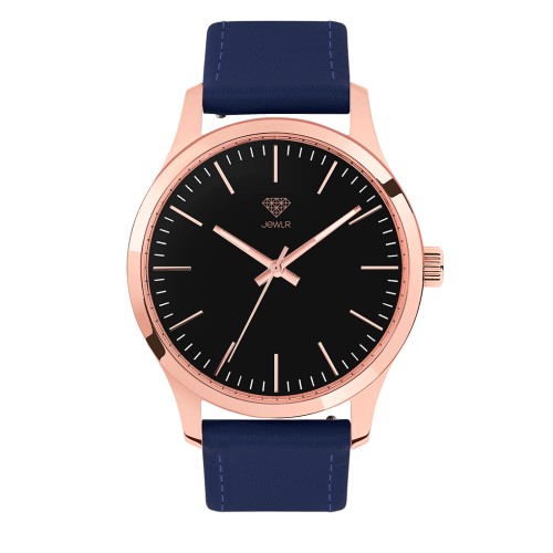 Men's Personalized Dress Watch - 40mm Metro - Rose Gold Case, Black Dial, Blue Leather