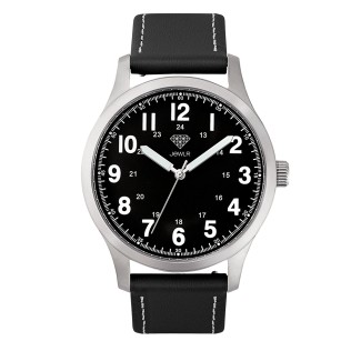 Men's Personalized Field Watch - 40mm Voyager - Steel Case, Black Dial, Black Leather