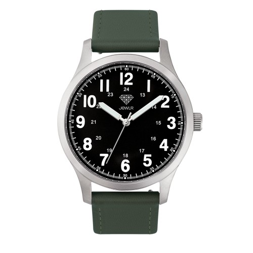 Men's Personalized Field Watch - 40mm Voyager - Steel Case, Black Dial, Green Leather