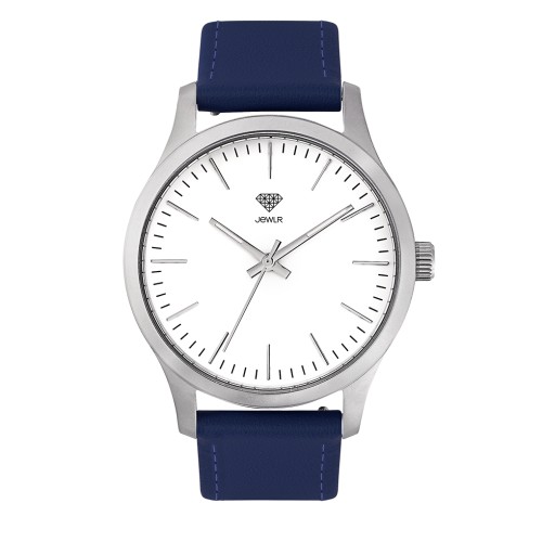 Men's Personalized Dress Watch - 40mm Downtown - Steel Case, White Dial, Blue Leather
