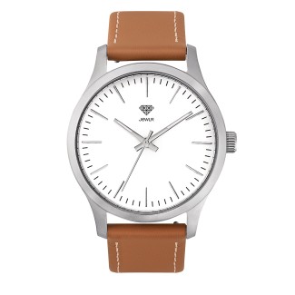 Men's Personalized Dress Watch - 40mm Downtown - Steel Case, White Dial, Tan Leather