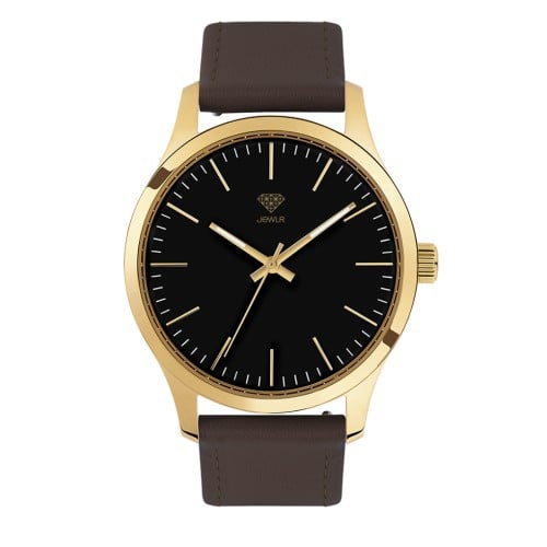 Men's Personalized Dress Watch - 40mm Uptown - Gold Case, Black Dial, Brown Leather